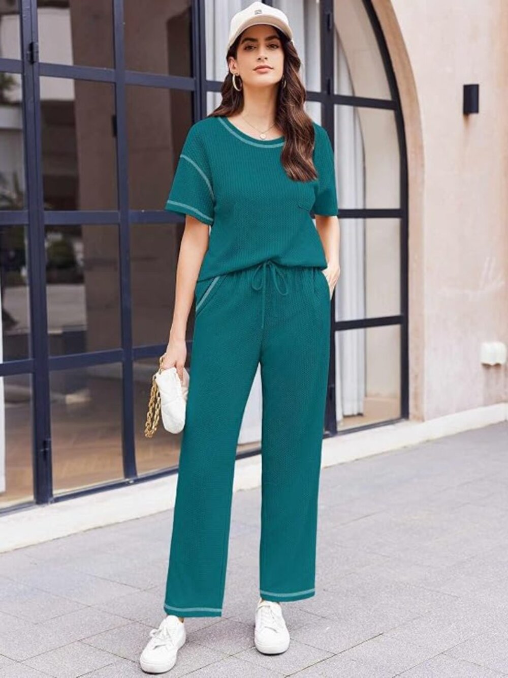 NWOT Two Piece Summer Waffle Knit Lounge Set - Size L - Teal Blue/Green